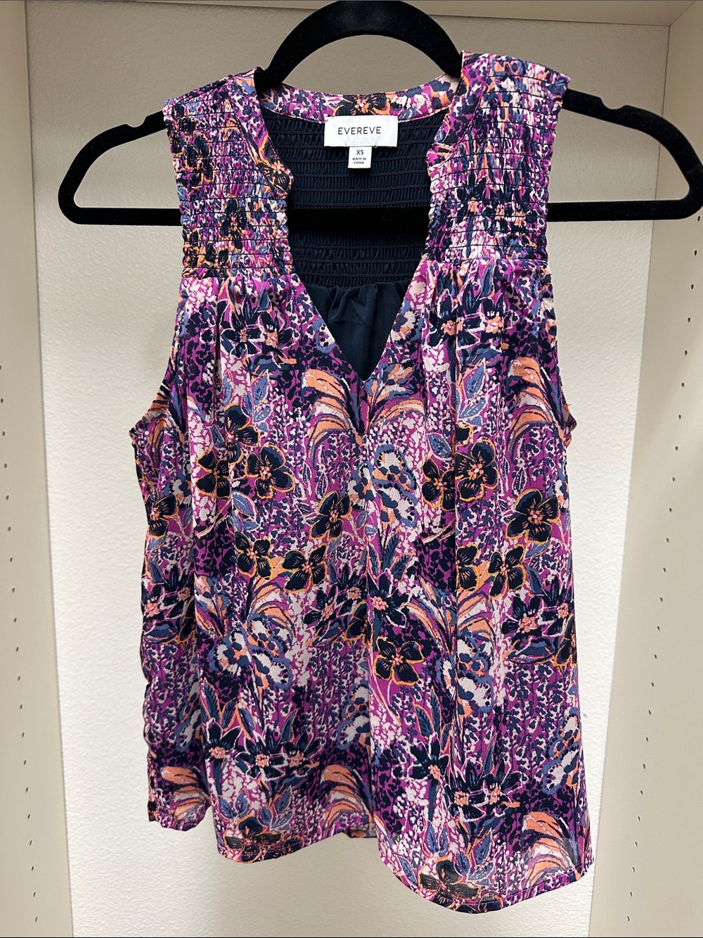 Evereve Floral Smocked V-Neck Tank in Purple and Pink